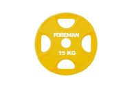 Олимпийский диск в уретане FOREMAN Plate X-Training 15 кг, четыре отверстия, серый чугун, желтый