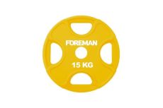 Олимпийский диск в уретане FOREMAN Plate X-Training 15 кг, четыре отверстия, серый чугун, желтый