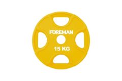 Олимпийский диск в уретане FOREMAN Plate X-Training 15 кг, четыре отверстия, серый чугун, желтый