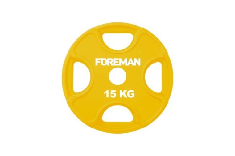 Олимпийский диск в уретане FOREMAN Plate X-Training 15 кг, четыре отверстия, серый чугун, желтый 