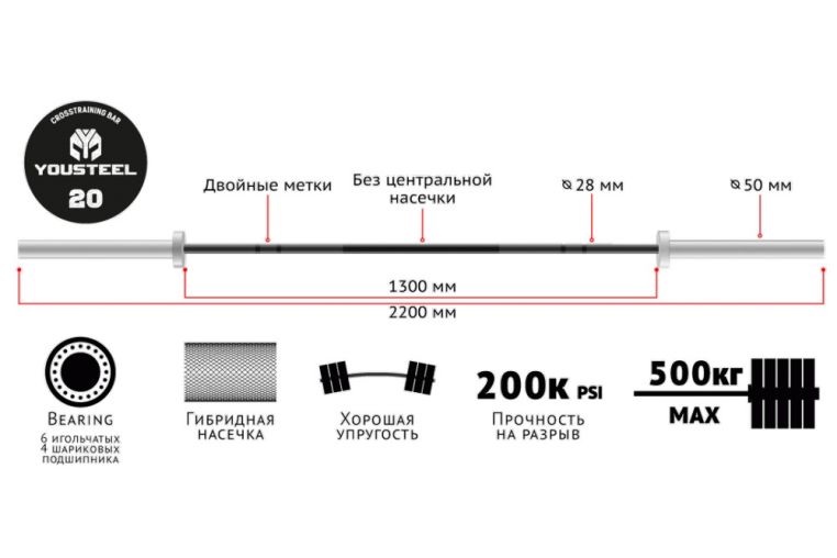 Гриф YouSteel Training Bar CT-20, 20кг, длина 2200мм, D50мм фото 1