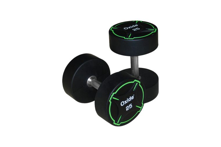 Гантель круглая, полиуретановая 25кг Oxide Fitness прямая хромированная ручка со сплошной накаткой ODB01 
