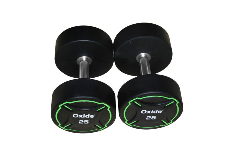 Гантель круглая, полиуретановая 25кг Oxide Fitness прямая хромированная ручка со сплошной накаткой ODB01 фото 4