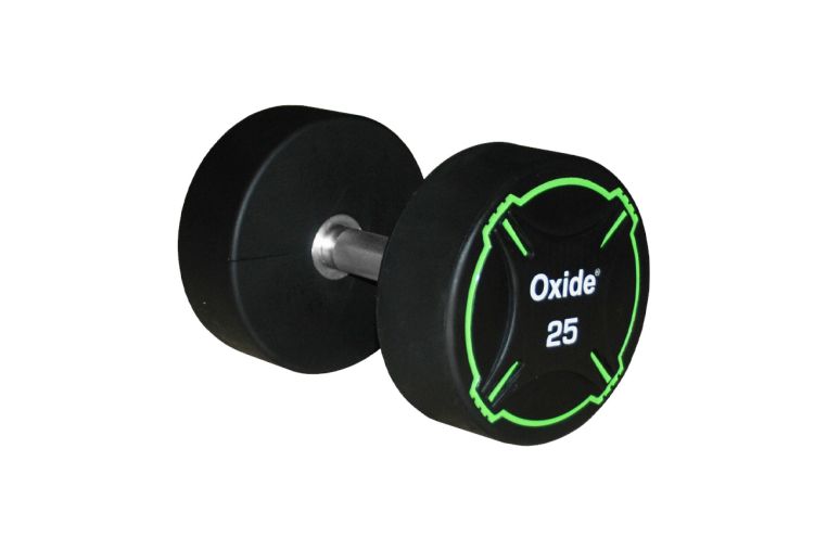 Гантель круглая, полиуретановая 25кг Oxide Fitness прямая хромированная ручка со сплошной накаткой ODB01 фото 5