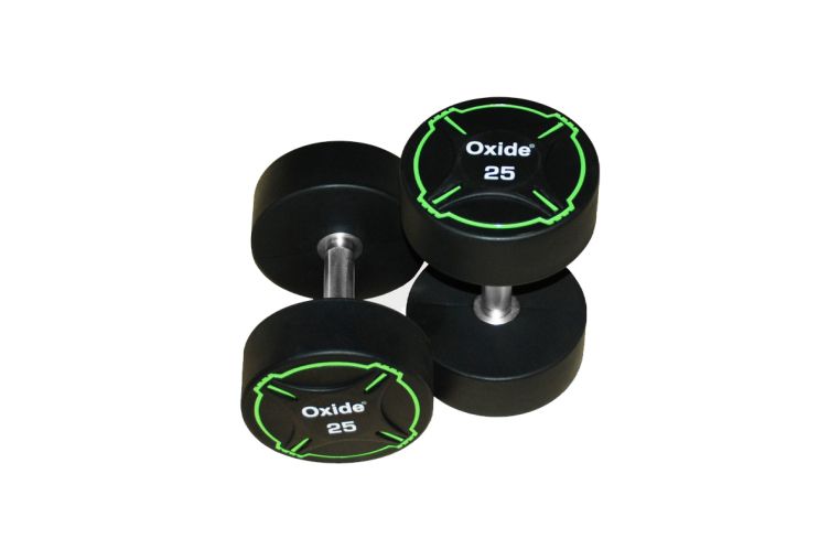 Гантель круглая, полиуретановая 25кг Oxide Fitness прямая хромированная ручка со сплошной накаткой ODB01 фото 7