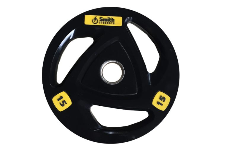 Диск для штанги Smith WP085-15 c 3-м хватом, обрезиненный, 15кг 