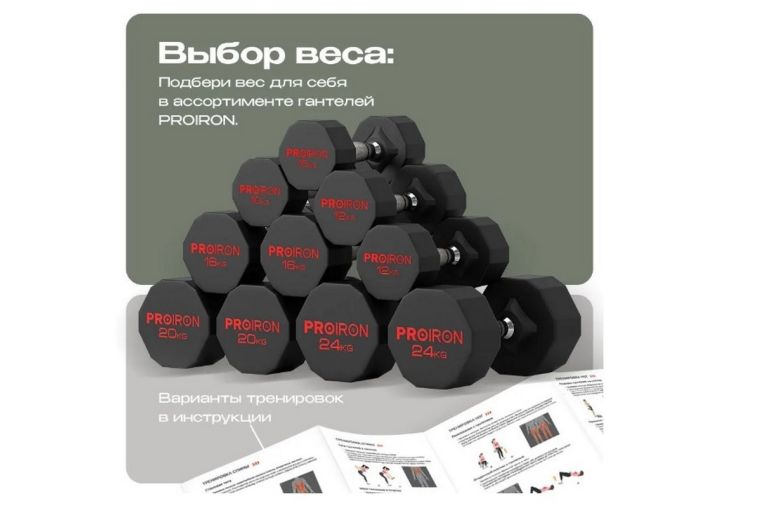 Гантель обрезиненная 24кг PROIRON Г1240ОБР фото 3