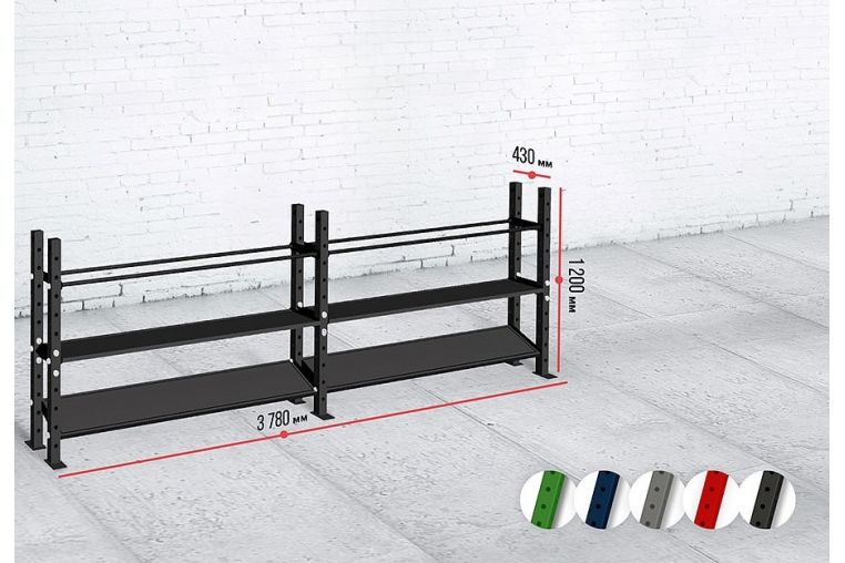 Модульный стеллаж Spektr Sport для гантелей, гирь и медболов 378х43х120 (2 секции) фото 1