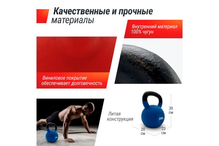 Гиря UNIX Fit виниловая 32 кг Blue фото 2